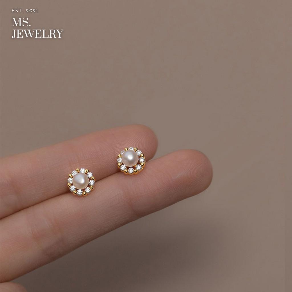Khuyên Tai Thời Trang Bạc S925 Pearl Đính Đá Cao Cấp
