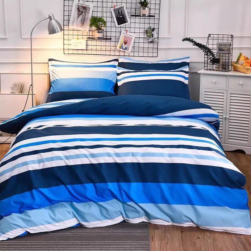 Bộ chăn ga gối phong cách Hàn Quốc kẻ ngang xanh cá tính