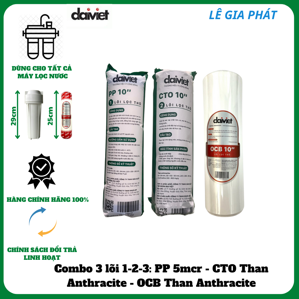 COMBO LÕI LỌC NƯỚC SỐ 1-2-3 (PP 10" 5MICRO - CTO - OCB) - HÀNG CHÍNH HÃNG