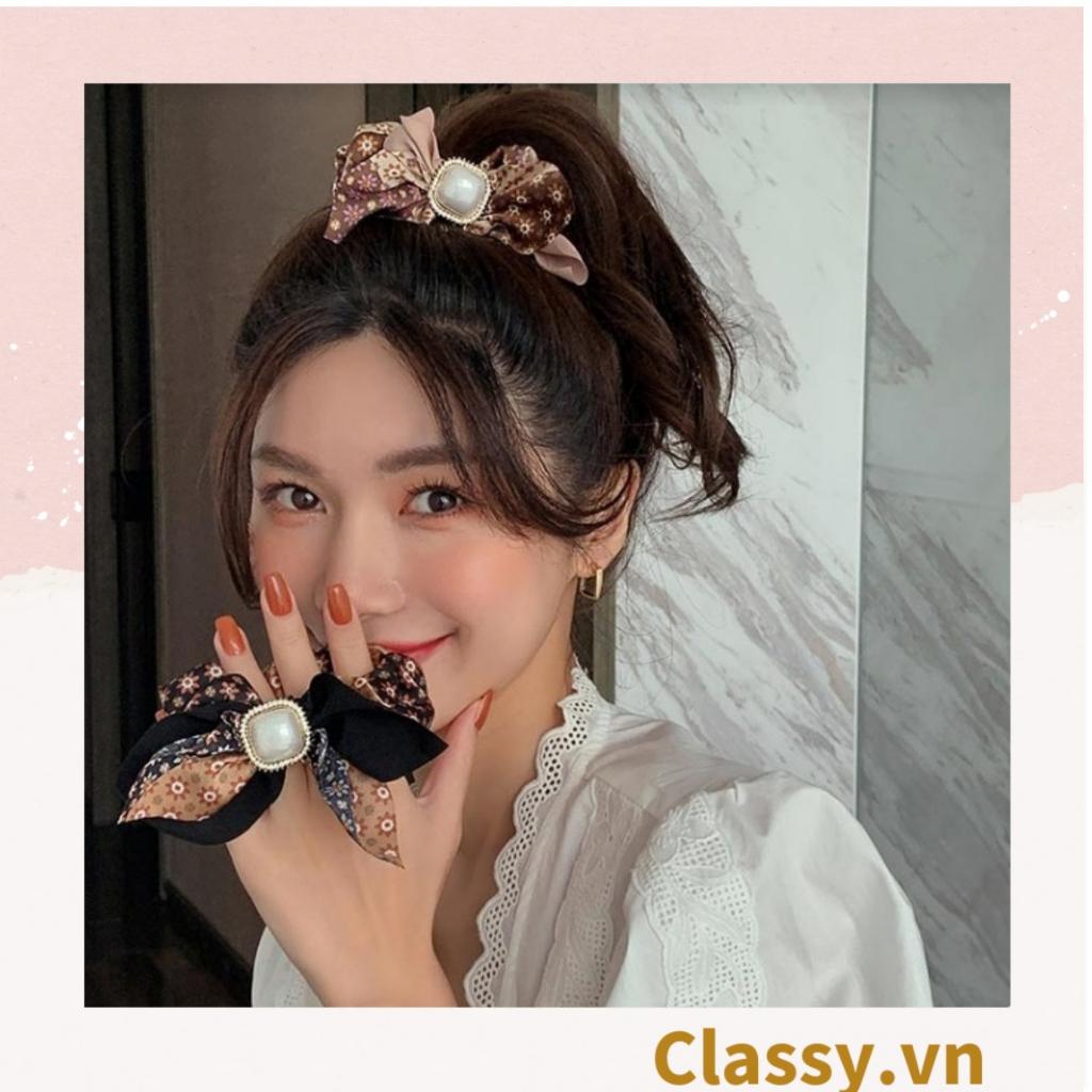 Scrunchies Classy buộc tóc nhiều tông be, đính hạt; style hoàng gia nhiều lớp sang chảnh PK773
