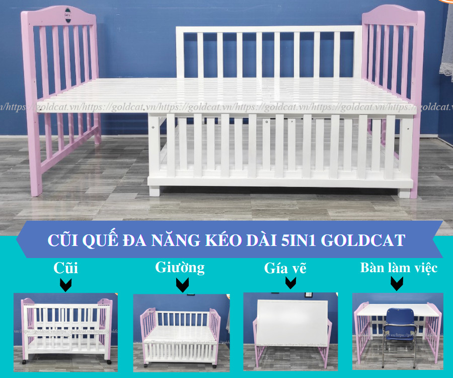 Cũi Cho Bé GOLDCAT Chất Liệu Gỗ Quế Tự Nhiên, Tích Hợp 5 Chế Độ Sử Dụng Cho Bé 0-10 Tuổi