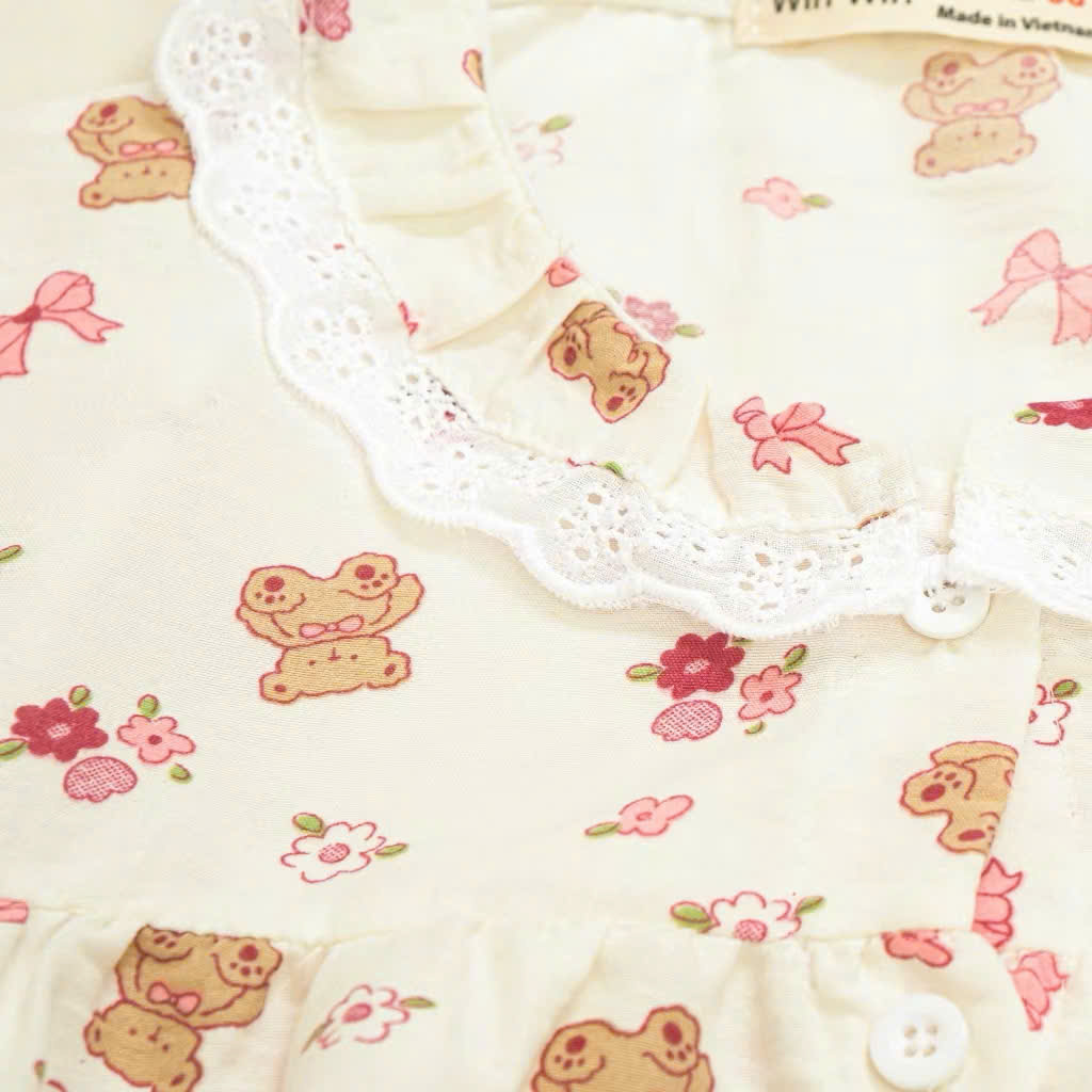BỘ PYJAMA BÉ GÁI CHẬT ĐŨI COTTON MỀM MẠI VỚI HOẠ TIẾT GẤU, KITTY DỄ THƯƠNG TỪ 12-50KG CHO BÉ GÁI