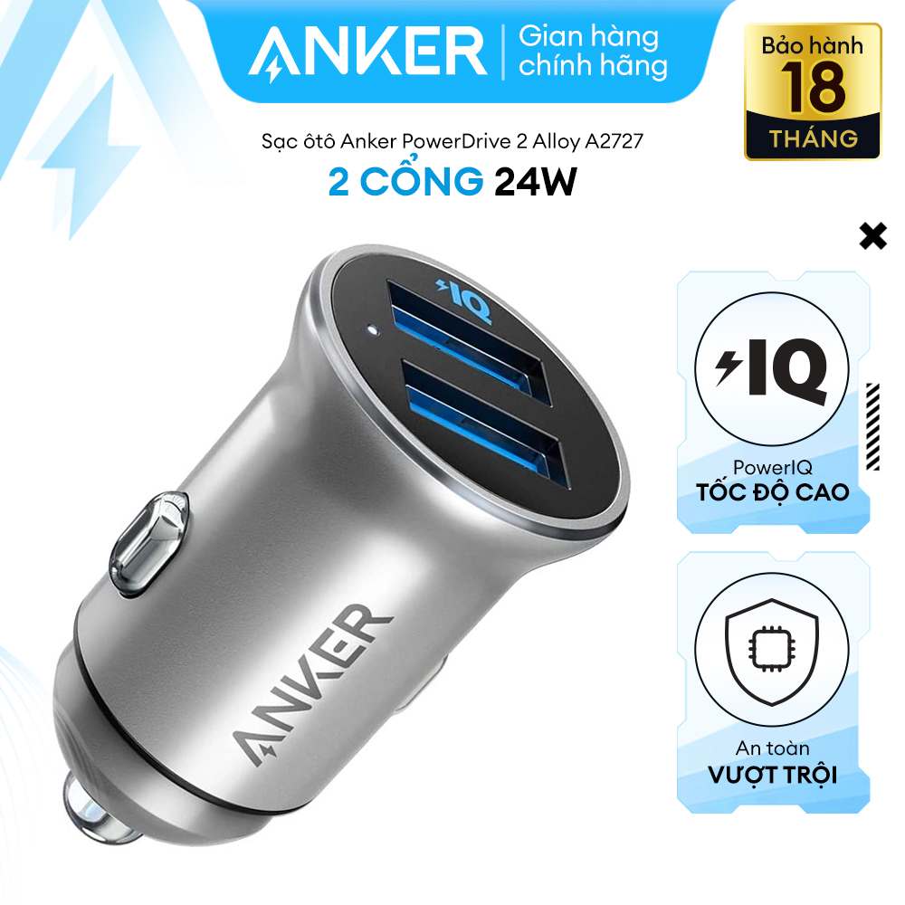 Adapter Sạc cho Xe Hơi Ô Tô Anker PowerDrive II Alloy 2 Cổng 24W - A2727 - Hàng Chính Hãng