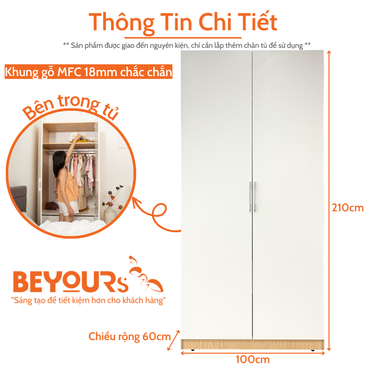 Tủ Quần Áo Gỗ Cửa Mở BEYOURs Mina 2 Cánh Màu Trắng Phối Gỗ Hiện Đại Thiết Kế Nhiều Ngăn Tiện Dụng