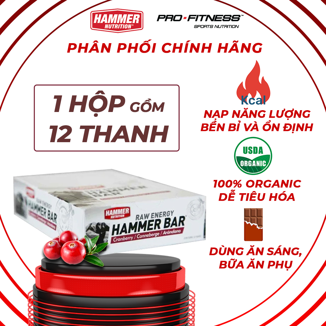 Thanh Năng Lượng Raw Energy Bar - Bổ Sung Năng Lượng Và Dinh Dưỡng Khi Luyện Tập, Thi Đấu Thanh 50G - Cranberry - Hộp 12 Thanh