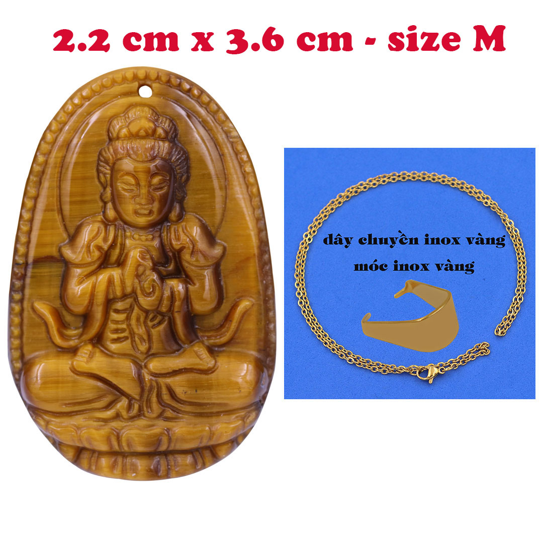Mặt Phật Đại nhật như lai đá mắt hổ 3.6 cm kèm dây chuyền inox vàng - mặt dây chuyền size M, Mặt Phật bản mệnh