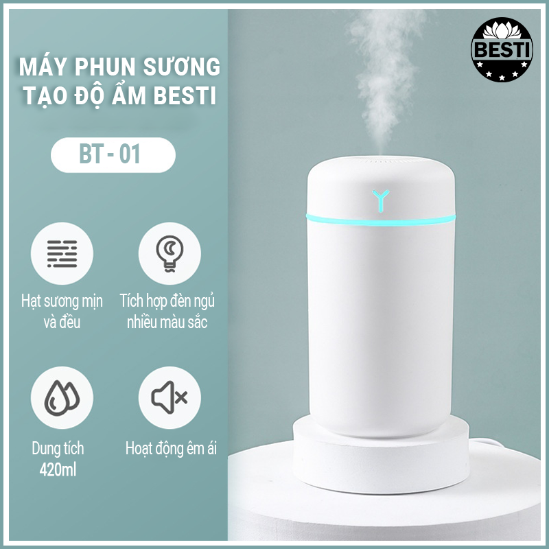 Máy Phun Sương Besti BTY01 Cao Cấp - Tạo Ẩm Không Khí Và Giữ Ẩm Da 420ml - Thiết Kế Nhỏ Gọn, Không Gây Tiếng Ồn - Máy Tạo Ẩm Không Gian Thư Giãn Tích Hợp Đèn Ngủ RGB Nhiều Màu Để Bàn Tiện Lợi, Có Chế Độ Tự Ngắt Khi Hết Nước - Hàng Chính Hãng