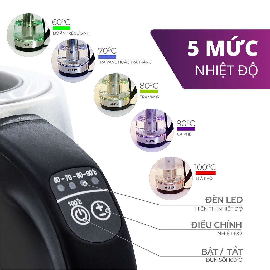 Ấm Đun Siêu Tốc Khử Clo GUME Thủy Tinh 1.7L - Hàng Nhập Khẩu Hàn Quốc