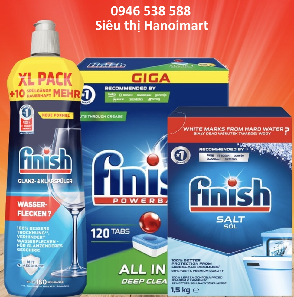 COMBO FINISH: Viên rửa bát Finish All in one 120 viên + Muối Finish 1.2kg + Nước làm bóng Finish 1150ml