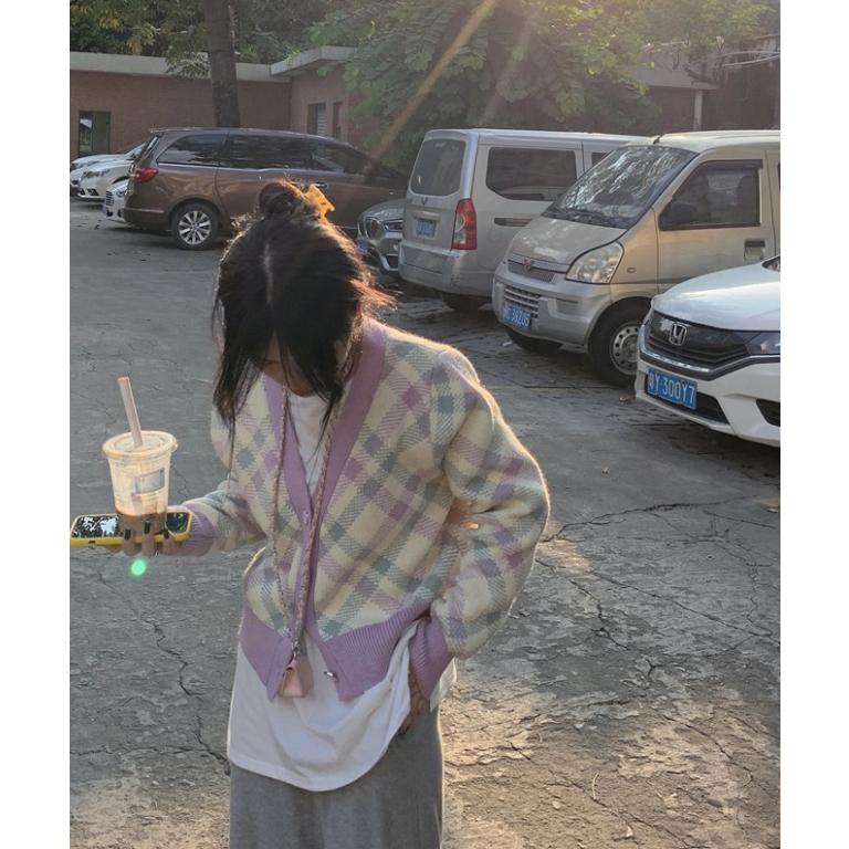 Áo khoác cardigan dệt kim tay dài dáng rộng kẻ ô caro tím thời trang dành cho nữ