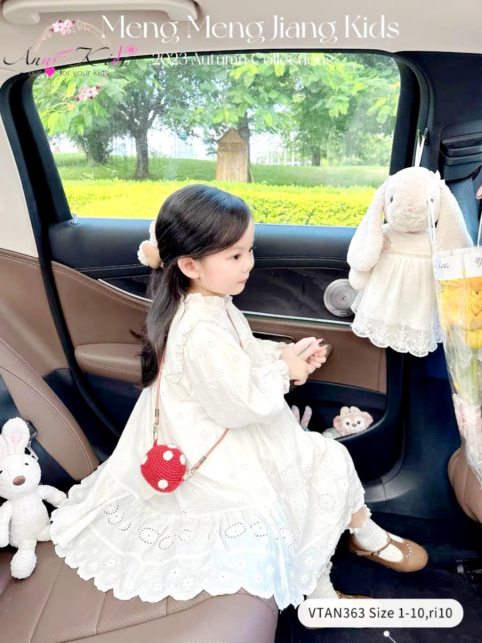 Váy bé gái dài tay, Đầm trắng cho bé 1-10 tuổi thêu hoa cổ viền vuông vải thô boil mềm mại kiểu dáng điệu đà