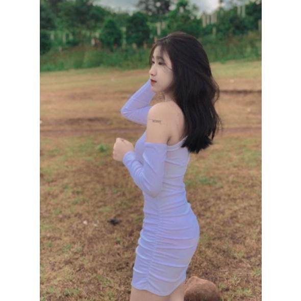 TS8-đầm ôm body khoét eo tay dài cottom su đen trắng