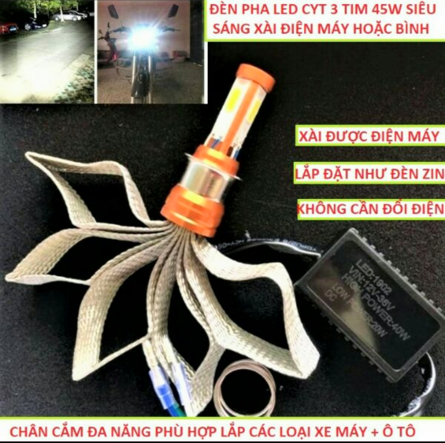 SIÊU SÁNG CỰC MẠNH VỚI BÓNG ĐÈN PHA LED 3 TIM KIỂU TẢN NHIỆT ĐUÔI CÔNG LẮP XE MÁY CÁC LOẠI HÀNG CHÍNH HÃNG