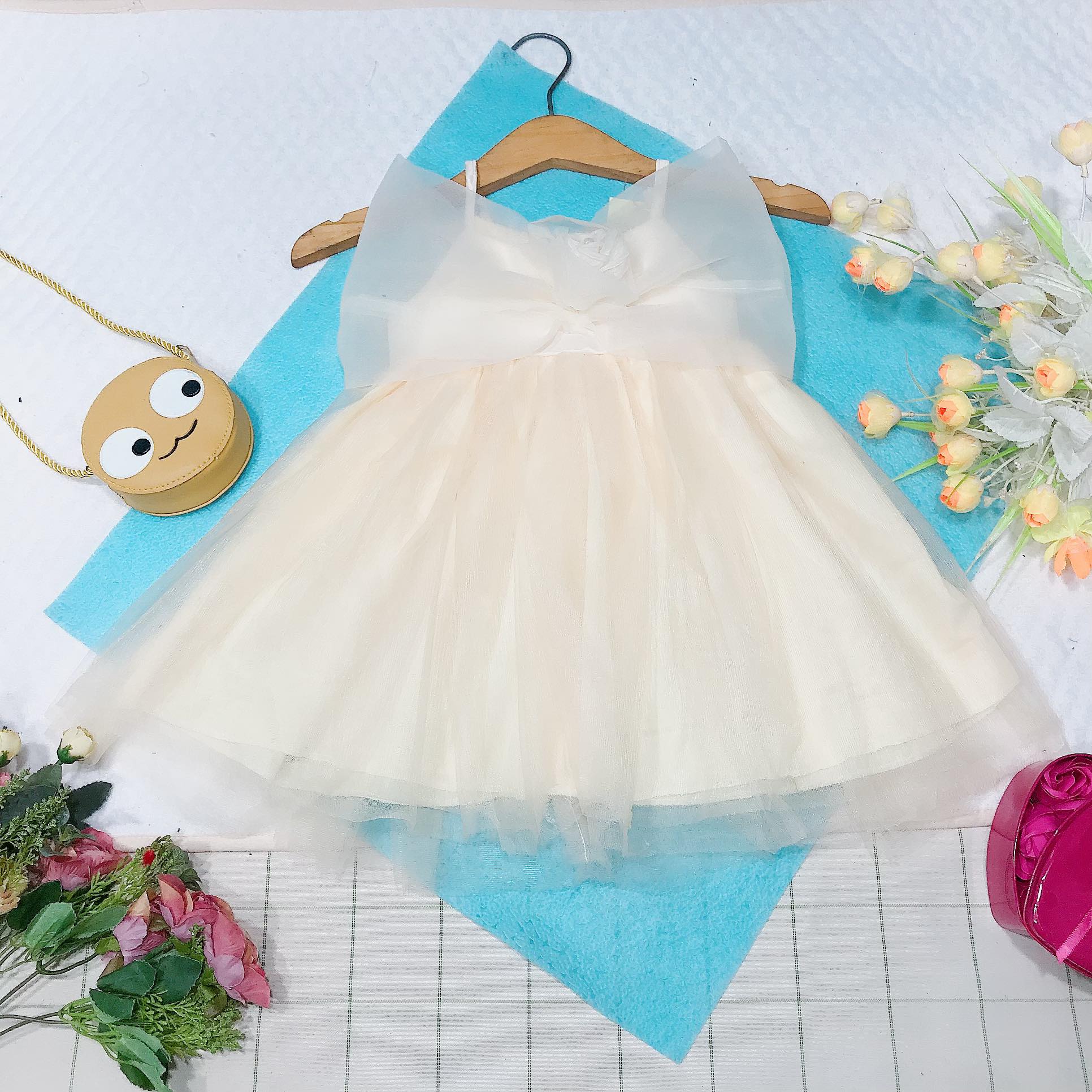 Váy đầm công chúa bé gái kiểu nơ trễ vai cho bé từ 10kg đến 24kg