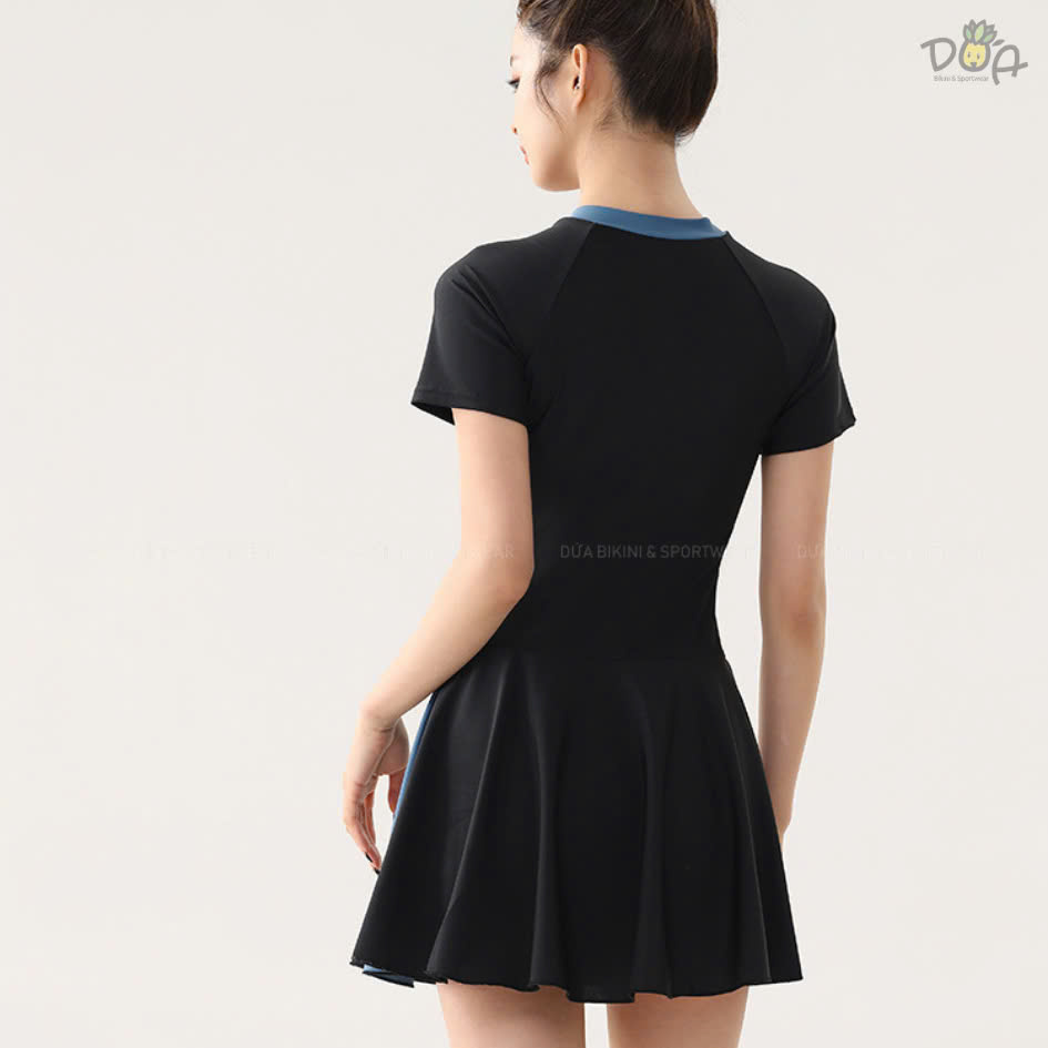 Đồ bơi nữ liền thân tay ngắn dạng váy sọc có khóa kéo trước ngực | DỨA BIKINI &amp; SPORTWEAR
