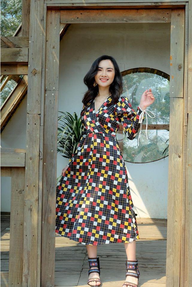 Macao dress - Váy kẻ vintage đen ô vàng