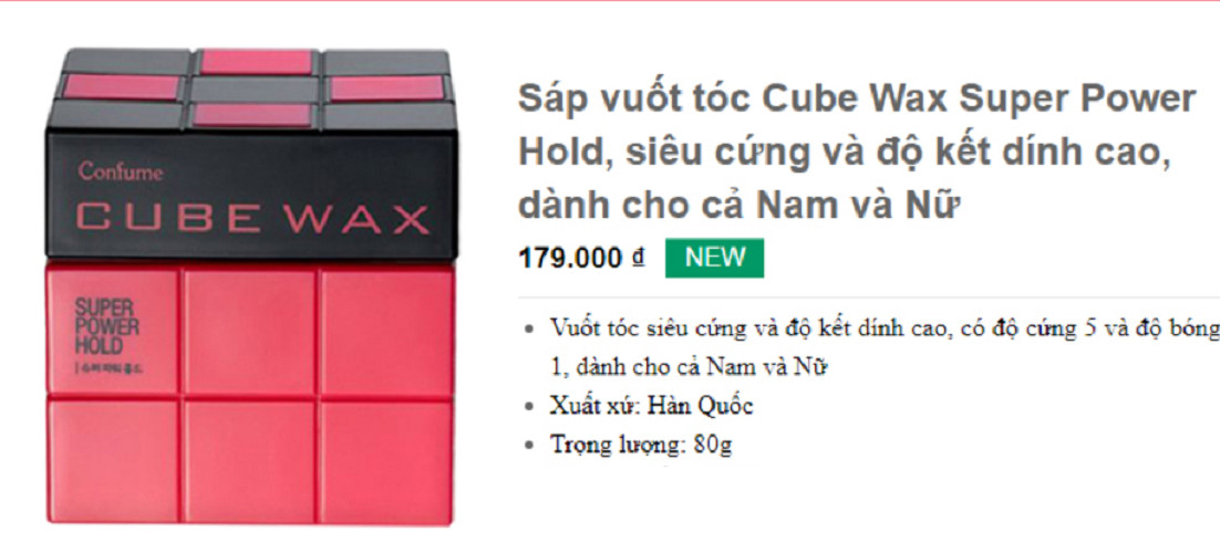 Sáp vuốt tóc cứng, mịn và khô  (Hàn Quốc) Confume cube wax super hard hold  80g