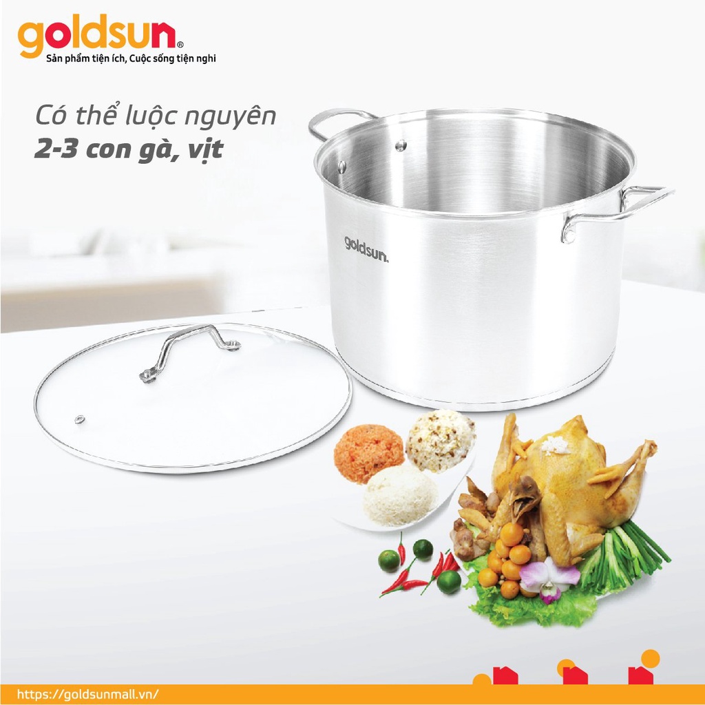 Nồi Luộc Gà Inox 430 Bếp Từ 3 Đáy Goldsun Nắp Kính