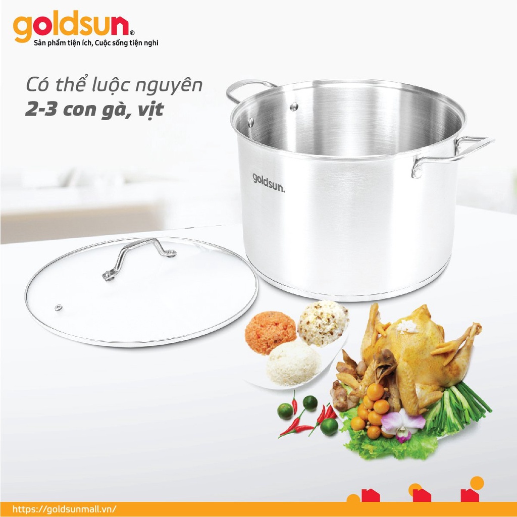 Nồi Luộc Gà Inox 430 Bếp Từ 3 Đáy Goldsun Nắp Kính (30 cm)