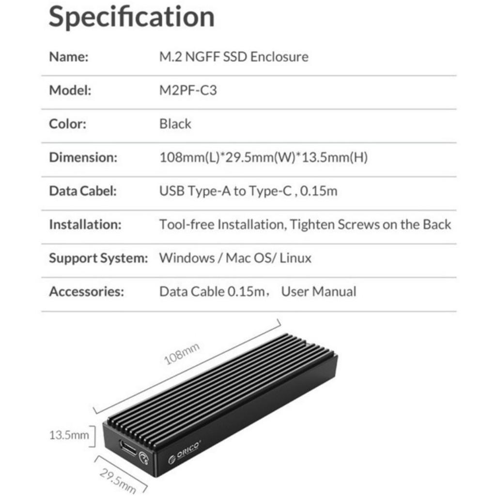 Box M2 SSD + TÚI CHỐNG SỐC M2 ORICO M2PF Type C USB 3.1 Tản Nhiệt Nhôm