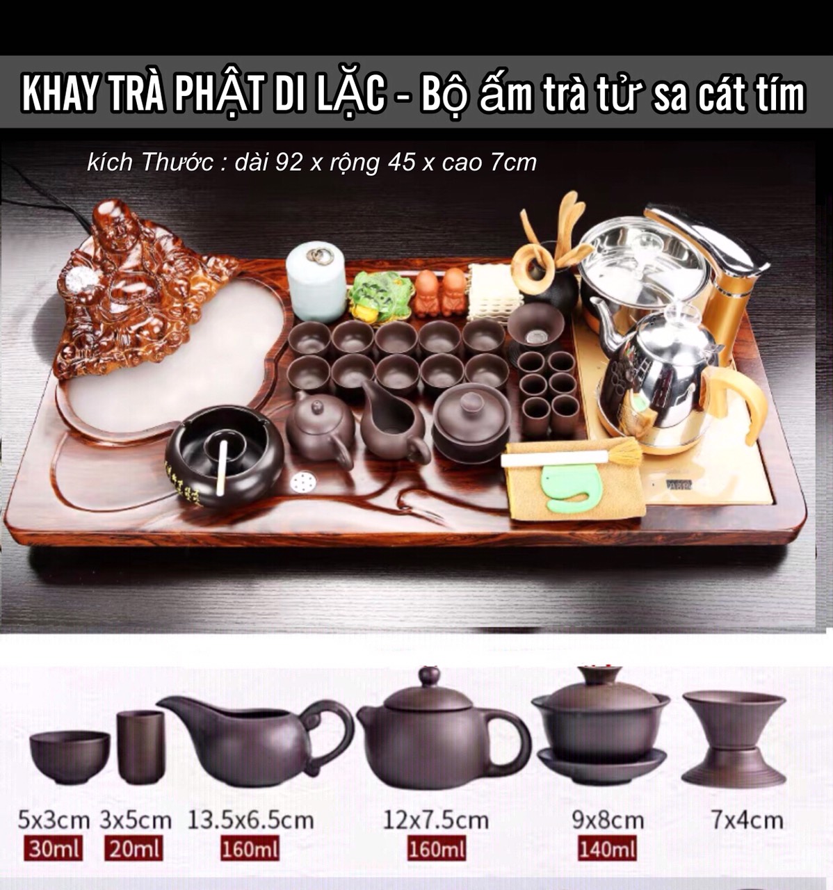 Bàn trà điện gỗ thông minh phật di lặc phong thuỷ 0114 ôm hồ lô phun nước ,Bếp đun nước inox cảm ứng đa năng tự động ,kèm ấm chén trà đạo tuỳ chọn một bộ theo hình