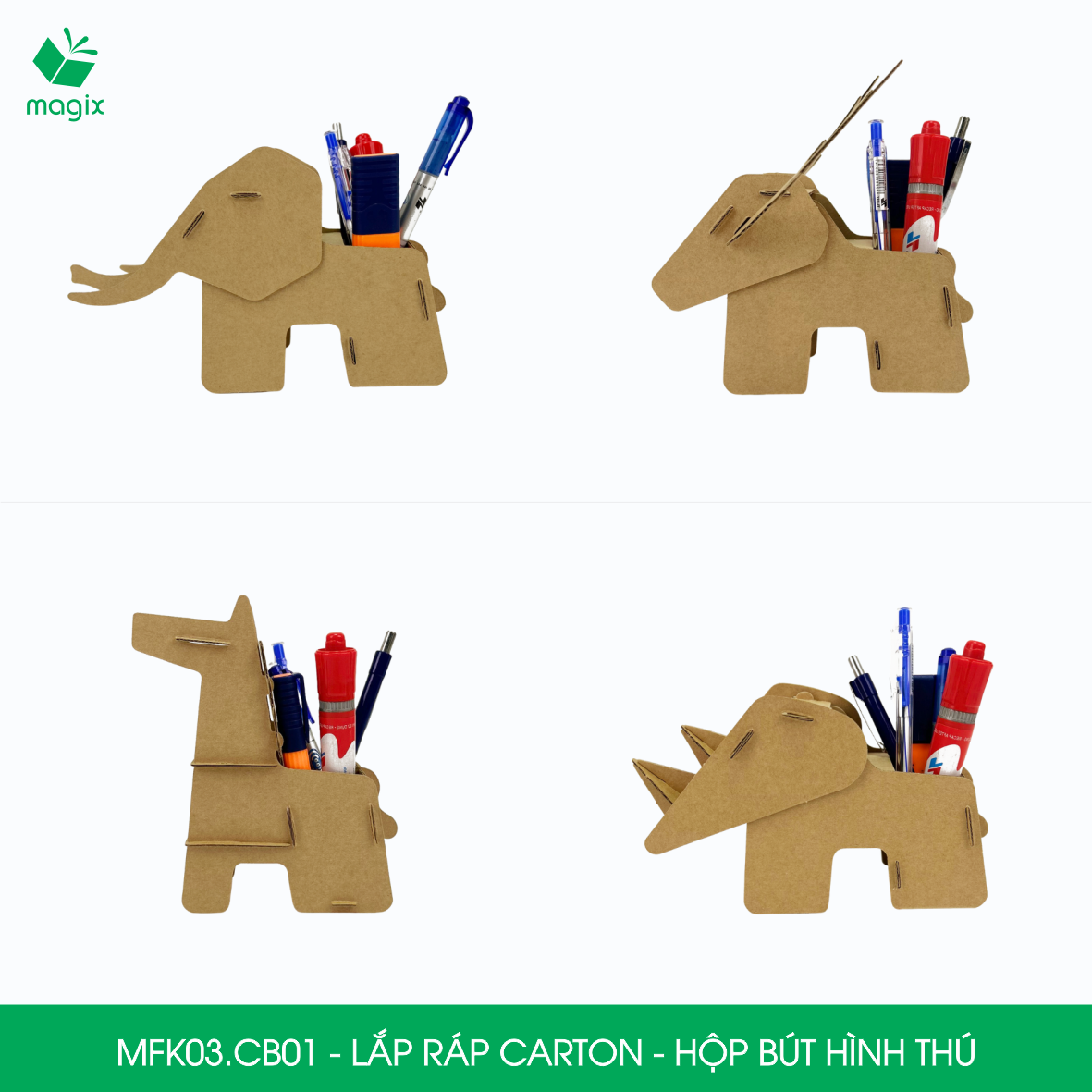 MFK03.CB01 - Combo 4 hộp đựng bút lắp ghép giấy carton hình thú - con voi, tê giác, con hươu, con ngựa