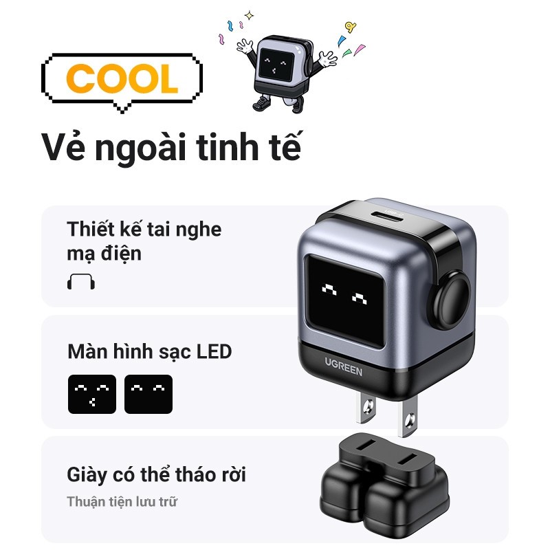 Củ sạc nhanh Robot Ugreen Nexode RG 30W USB-C GaN 25036 - Hàng Chính Hãng
