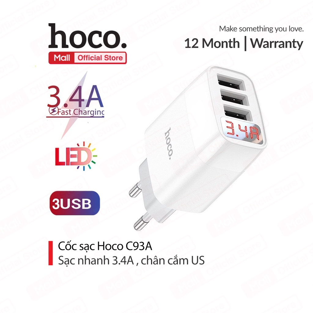 Củ Sạc 3.4A Dành Cho Hoco C93A Chân Tròn 3 Cổng USB, Màn Hình Led Hiển Thị Nguồn Điện, Chất Liệu PC, Chân Cắm US, Hà Hàng Chính Hãng