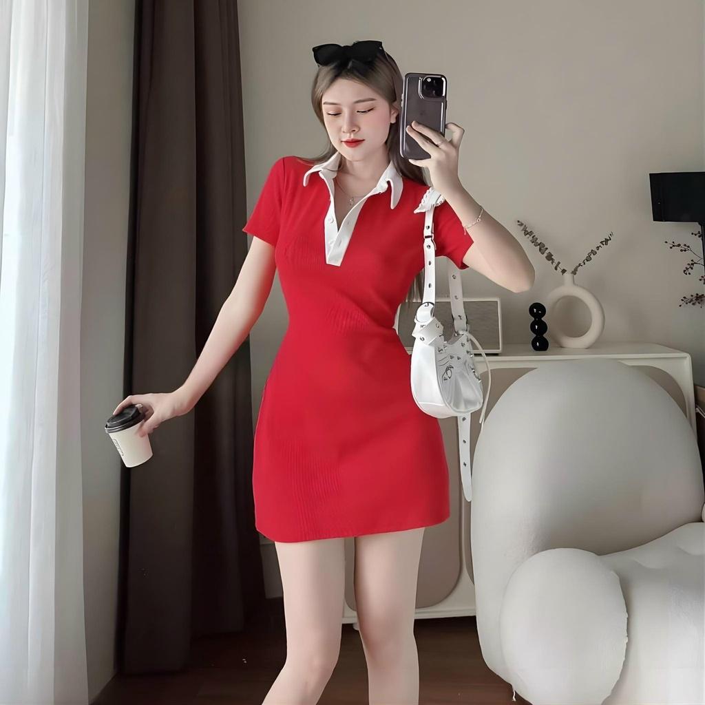 Đầm thun xoè phối cổ sơmi cài nút siêu hot