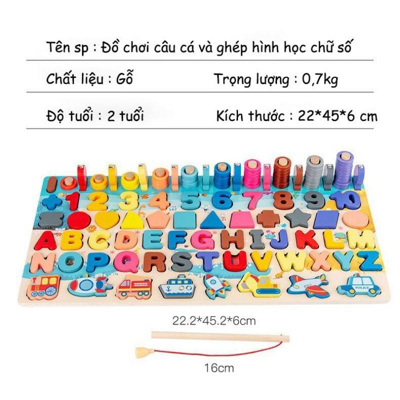 Bộ Gỗ Câu Cá Và Ghép Hình Học, Chữ Số, Chữ Cái, Phương Tiện 6in1 cho bé