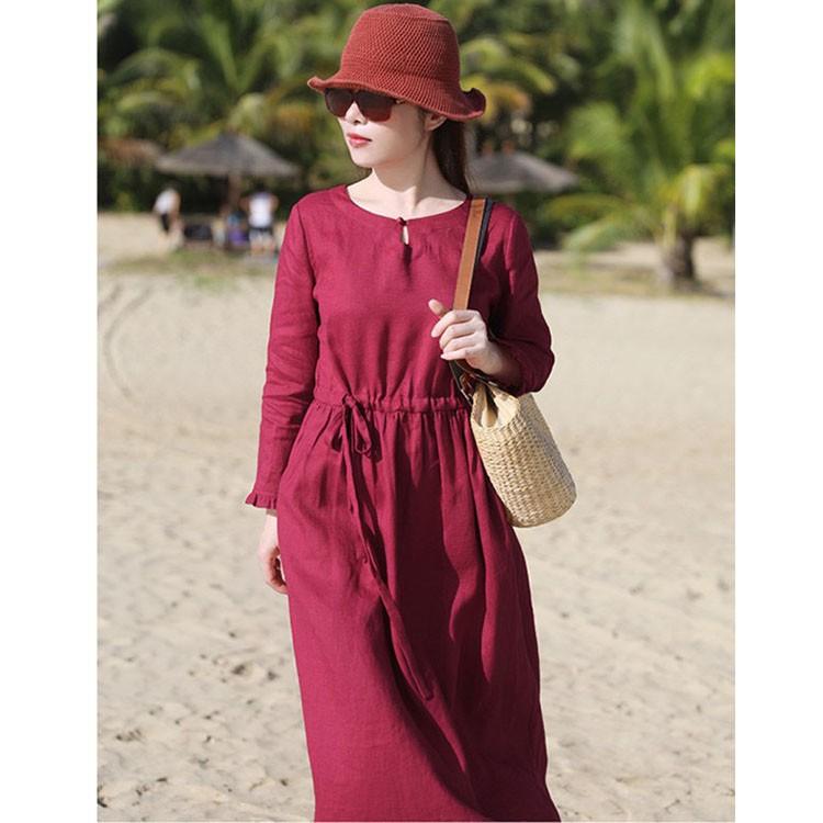 Đầm suông linen dài tay chiết eo, chất vải linen mềm mát, thời trang xuân hè 2021