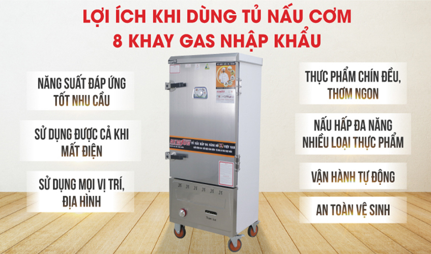 Tủ Nấu Cơm 24 Kg Gạo/ Mẻ Bằng Gas 8 Khay Nhập Khẩu NEWSUN - Hàng Chính Hãng