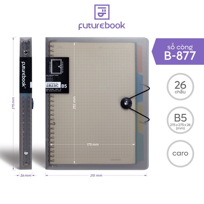 FUTUREBOOK-Sổ Còng Binder Aibasic B5 26 chấu, Kèm Ruột Giấy Refill-120 Trang - Định Lượng 100Gsm-Dòng kẻ Caro_Kẻ Ngang