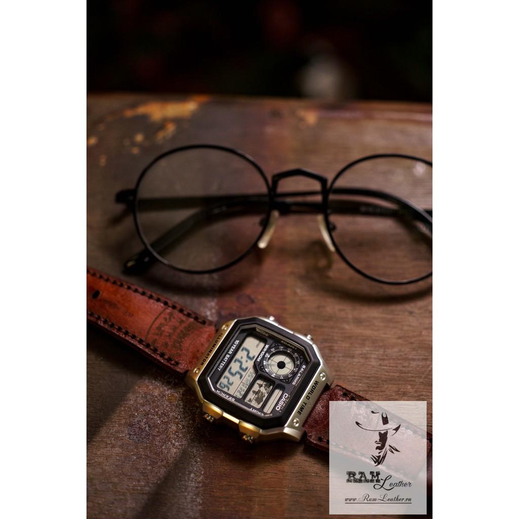 DÂY ĐỒNG HỒ TRỐNG ĐỒNG CASIO AE1200/SEIKO5 LIGHT BROWN ĐẬM DA BÒ THẬT