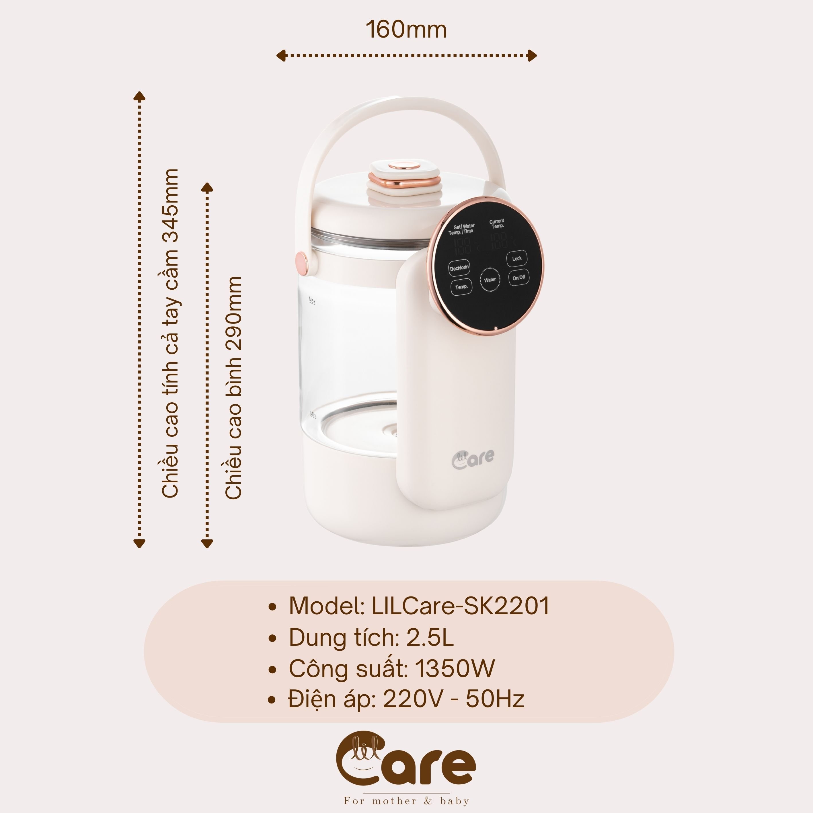 Bình thủy giữ nhiệt Lilcare dung tích lớn 2,5l, công suất 1350W, điện áp 220V-50Hz, khử clo, khóa tự động tiện ích