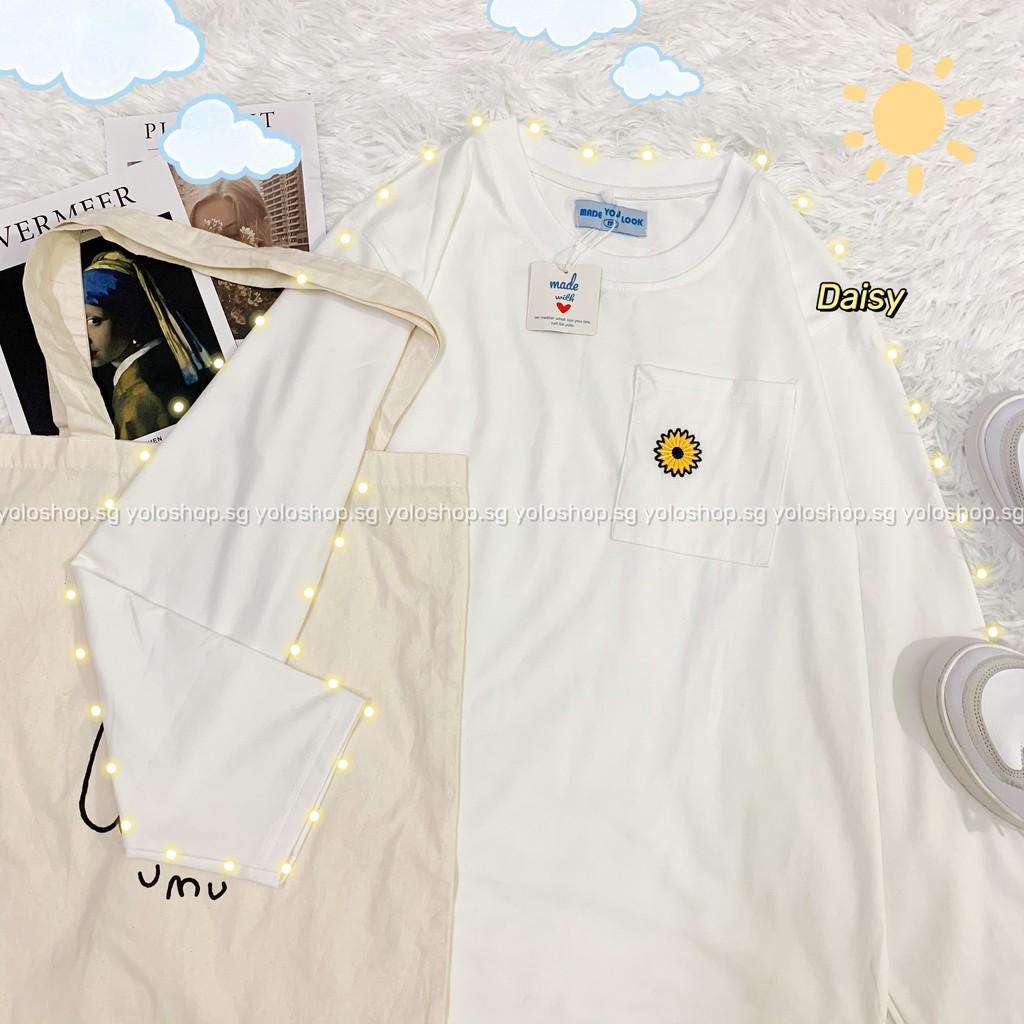 Áo Thun Tay Dài Unisex THÊU CÓ TÚI HOA CÚC Thu Đông