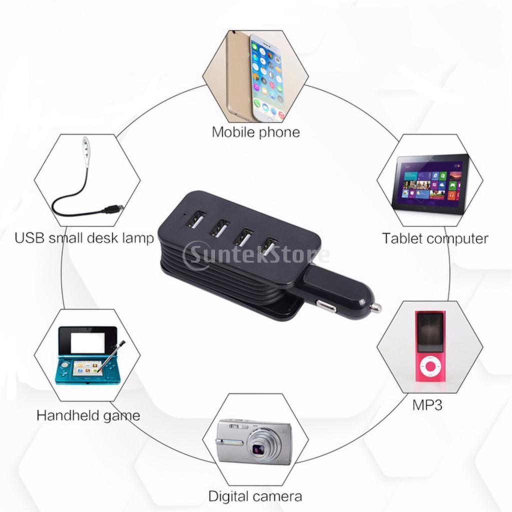 USB 4 Port Car Charger Fast Charging Adapter For IPhone Android With Cable