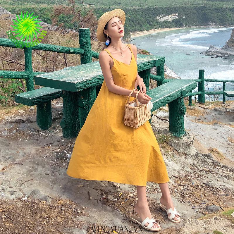 Đầm Dây Nữ Cộc Tay Lưng Trần Form Dài Thời Trang Hàn