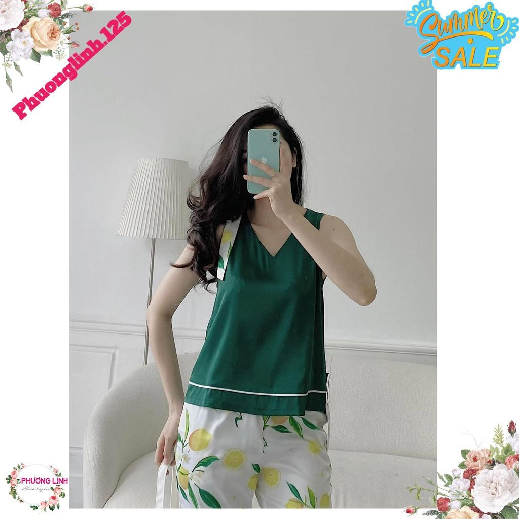 SET LỤA ÁO XANH NƠ VAI QUẦN HOA