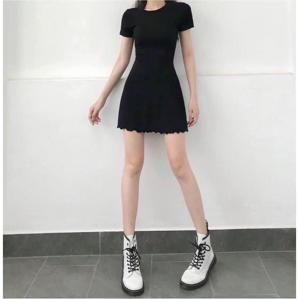 Đầm Nữ Basic Body Đen Viền Bèo Siêu Xinh Váy Nữ Dáng Ngắn Chất Thun Gân Co Dãn So Hot