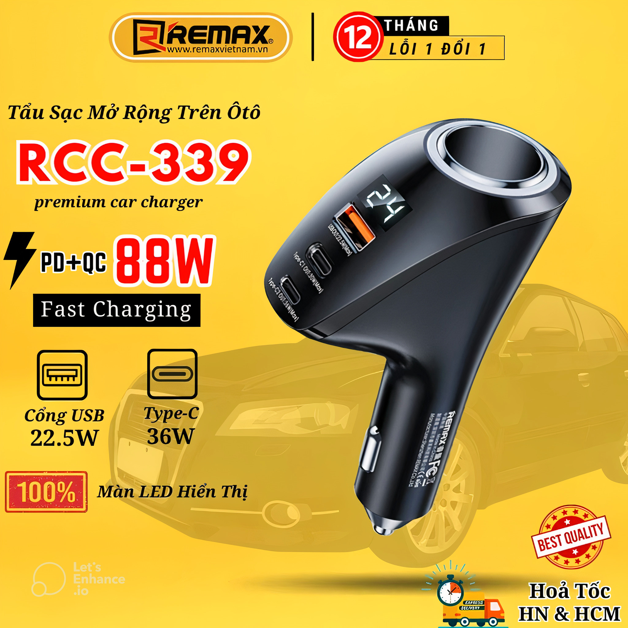 Tẩu sạc cho ô tô Remax RCC-339 Bộ chia tẩu sạc nhanh 88.5W chuẩn PD , Q.C 3.0 - Hàng Chính Hãng Remax