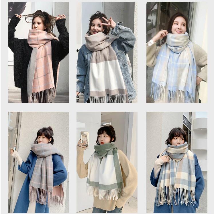 Khăn quàng cổ len dệt kim, tua rua phối màu phong cách Hàn Quốc cho nữ mềm mịn và ấm áp