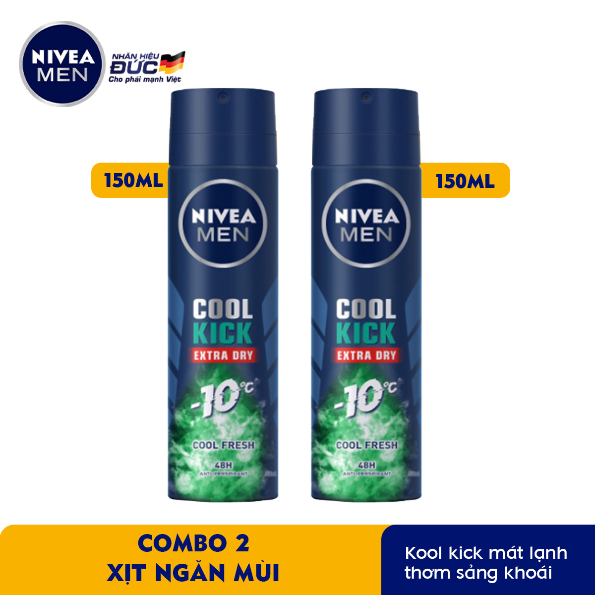Combo 2 Xịt Ngăn Mùi NIVEA MEN Cool Kick Mát Lạnh - Thơm sảng khoái (150ml) - 83165