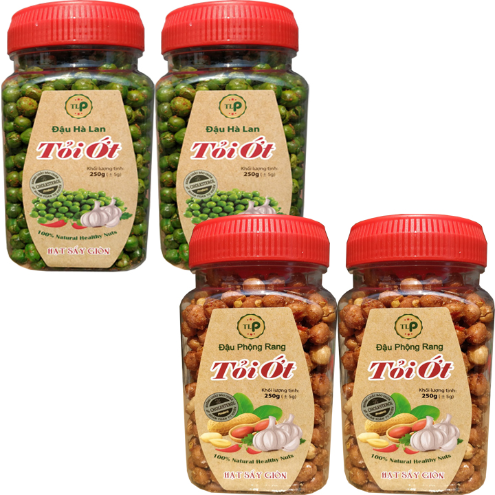 2 hũ đậu phộng tỏi ớt và 2 hũ đậu Hà Lan tỏi ớt MỖI HŨ 250G