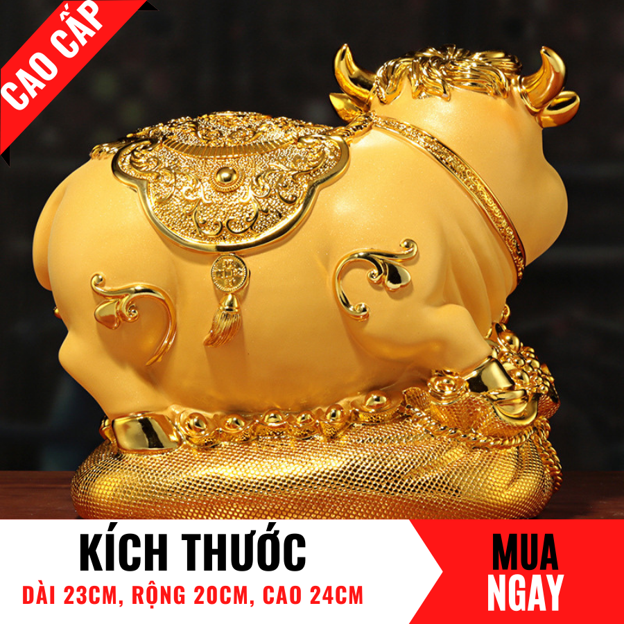 Tượng Con Bò Trang Trí Đựng Tiền Bằng Vàng Cát Mỹ Nghệ Cao 24cm
