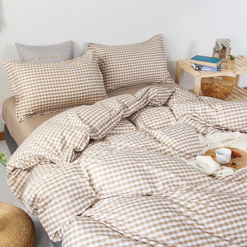 Bộ chăn ga gối caro be Cotton Poly cao cấp LEEBedding, chăn ga Hàn Quốc, miễn phí bo chun drap ga giường theo yêu cầu