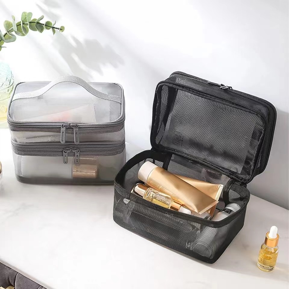 Túi Đựng Mỹ Phẩm, Đồ Trang Điểm 2 Tầng Bằng Vải Lưới Nhẹ Gọn, Dễ Giặt Vệ Sinh Tiện Dụng