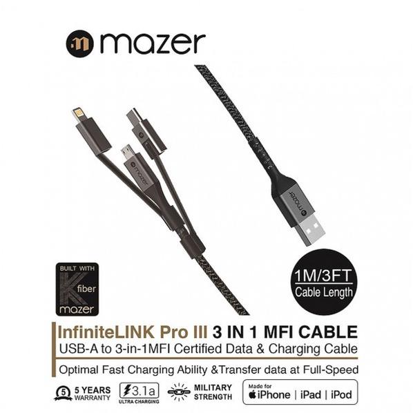 Dây Cáp Mazer Power Link II 3 in 1 USB Fast Charging Đầu nối tăng cường và cáp bện mang lại tuổi thọ sản phẩm mạnh mẽ và chắc chắn - hàng chính hãng