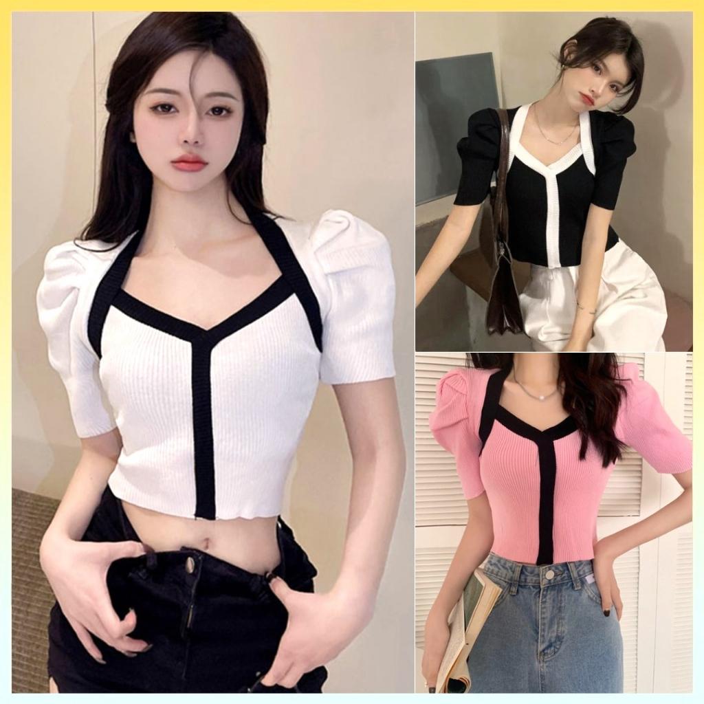 Áo len Montoghi dệt kim LINE GIỮA phối ÁO KHOÁC TAY PHỒNG cổ chữ V xinh xắn