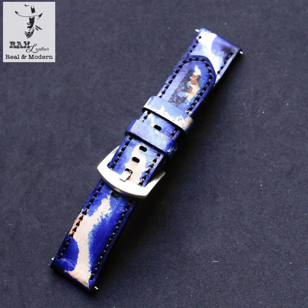 Dây đồng hồ RAM Leather da bò vegtan thảo mộc rằn ri xanh hải quân - tặng khóa chốt và cây thay dây